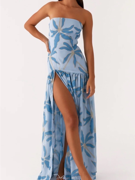 Peppermayo Dresses & Skirts - Sky Blue Strapless Floral Maxi Dress with High Slit
